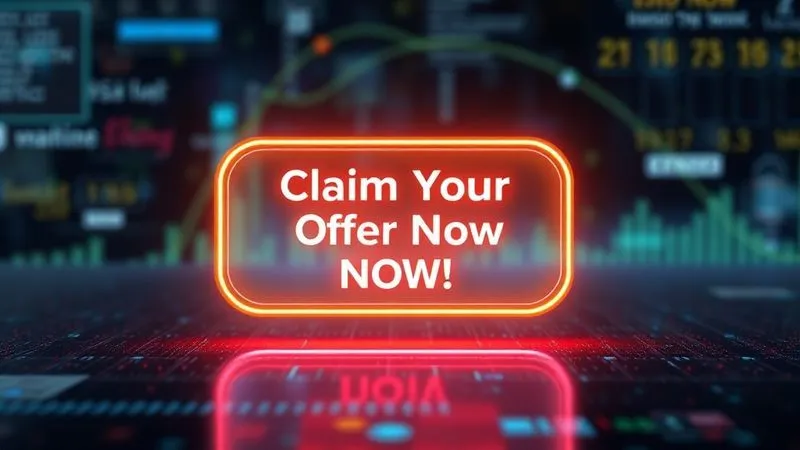 Photorealistic image of a vibrant, glowing call-to-action button (e.g., 'Claim Your Offer Now!') standing out on a blurred digital ad background, surrounded by subtle digital data streams. The button should have a clear sense of urgency and promise, with cinematic lighting emphasizing its prominence. 8K hyper-detailed.