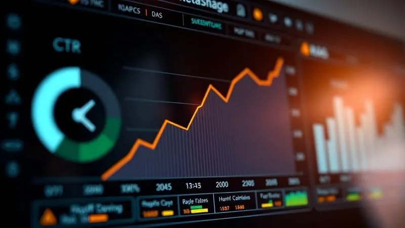 Photorealistic image of a digital dashboard showing key performance indicators (KPIs) like CTR, CVR, and ROAS. The ROAS graph should clearly show a steep upward trend over time, symbolizing significant improvement. Cinematic lighting, sharp focus on the rising graph, depth of field blurring other less critical metrics. 8K hyper-detailed.