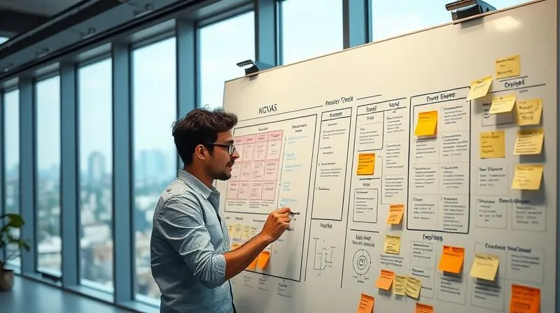 A photorealistic image of a freelancer (person of diverse ethnicity, 30s) thoughtfully sketching a complex business model canvas on a large whiteboard, surrounded by sticky notes with innovative ideas. The room is modern and bright, with large windows overlooking a city skyline. Cinematic lighting, sharp focus on the whiteboard, depth of field blurring the background, 8K hyper-detailed, shot on a high-end DSLR.