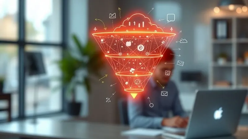 A photorealistic image of a complex digital marketing funnel glowing with data points, arrows illustrating customer journey stages (awareness, consideration, conversion, loyalty), and small icons representing different marketing channels (social media, email, SEO). The background is a blurred, modern office setting with a freelancer working on a laptop. Cinematic lighting, sharp focus on the funnel, depth of field blurring the background, 8K hyper-detailed, shot on a high-end DSLR.