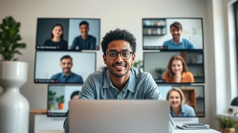 A photorealistic image of a diverse group of virtual team members (each in a separate video call window on a screen) collaborating on a project, with a central freelancer (person of diverse ethnicity, 30s) orchestrating the workflow with a confident, visionary expression. The background is a modern, minimalist home office. Cinematic lighting, sharp focus on the main freelancer and the virtual team, depth of field blurring the office background, 8K hyper-detailed, shot on a high-end DSLR.