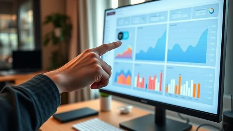 A photorealistic image of a freelancer's hand (person of diverse ethnicity, 30s) pointing at a sleek, minimalist dashboard on a large monitor, displaying various growth metrics, bar charts, and line graphs in vibrant colors. The dashboard is clean and easy to understand, with a positive upward trend visible. The background is a modern home office. Cinematic lighting, sharp focus on the dashboard and hand, depth of field blurring the background, 8K hyper-detailed, shot on a high-end DSLR.