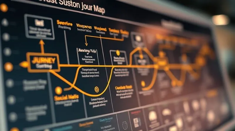 A photorealistic, professional photography, 8K image of a detailed customer journey map, with glowing lines representing automated touchpoints (email, social media, ads) and a clear path from awareness to loyalty. Cinematic lighting, sharp focus on the journey steps, depth of field blurring the background. Shot on a high-end DSLR, no text or logos.