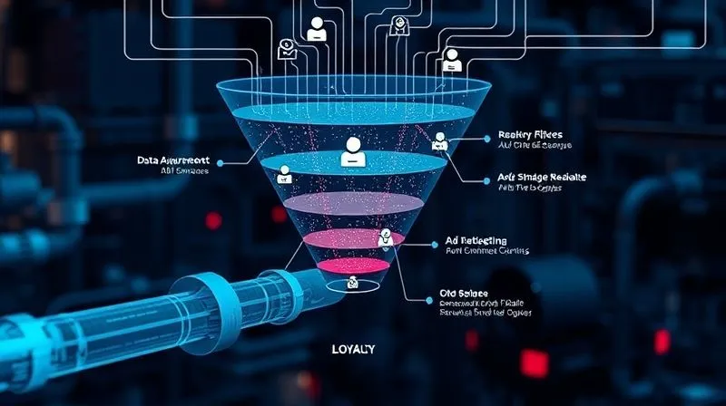 A photorealistic image of a sophisticated sales funnel, depicted as a series of interconnected digital pipes and filters, with data flowing smoothly from top (awareness) to bottom (loyalty). Each stage is clearly defined with icons representing automation actions (email, CRM update, ad retargeting). Cinematic lighting, sharp focus, depth of field. 8K hyper-detailed, professional photography, shot on a high-end DSLR.