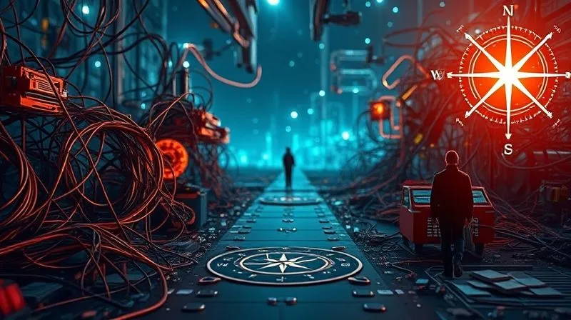 A photorealistic image depicting a complex digital landscape with various challenges represented as tangled wires, broken links, and confused figures. In the foreground, a single, clear path emerges, guided by a glowing compass and a simplified, organized flow chart, symbolizing solutions to automation challenges. Cinematic lighting, sharp focus, depth of field. 8K hyper-detailed, professional photography, shot on a high-end DSLR.