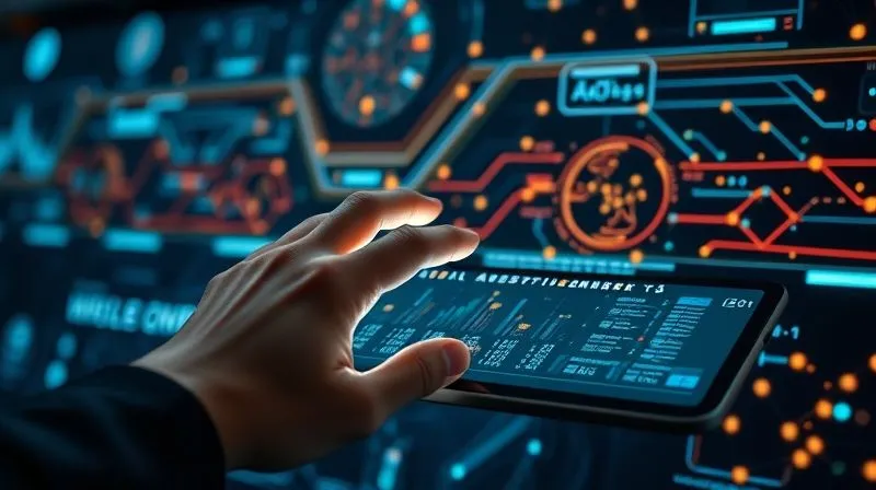 A photorealistic, professional photography, 8K image of a futuristic digital interface showing a seamless, interconnected customer journey across multiple devices (smartphone, tablet, smart display). Data streams flow elegantly, powered by AI algorithms represented by subtle glowing neural networks. A hand gently interacts with the interface, symbolizing human-AI collaboration. Cinematic lighting, sharp focus on the interface, depth of field. Shot on a high-end DSLR, no text or logos.