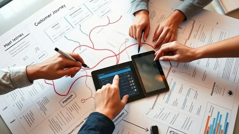 A photorealistic, professional photography shot from above, showing a complex yet clear customer journey map laid out on a large table, with human hands (diverse, subtle) pointing to different stages, some using digital pens on a tablet integrated into the map. Soft, cinematic lighting highlights key interaction points. 8K hyper-detailed, sharp focus on the map, depth of field blurring the distant background. Shot on a high-end DSLR.