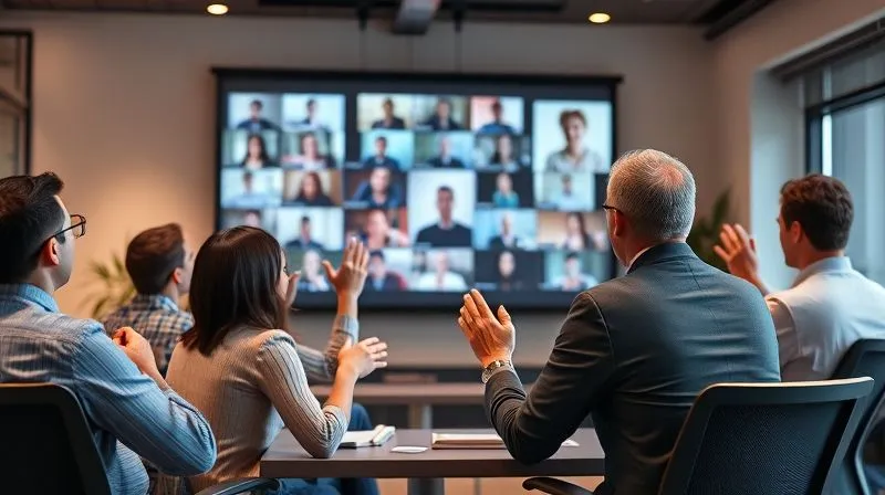 A photorealistic, professional photography image of a diverse group of business professionals actively participating in an online interactive workshop. The main figure, a consultant, is leading the session with enthusiasm, projected on a large screen, while participants in different locations are visible in smaller windows, some raising hands virtually, others taking notes. The room has modern, ergonomic furniture and warm, cinematic lighting. 8K hyper-detailed, sharp focus on the consultant and engaged participants, depth of field blurring the background elements subtly. Shot on a high-end DSLR.