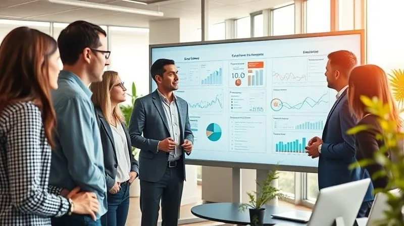 A photorealistic, professional photography shot of a diverse team of consultants collaborating around a large interactive digital whiteboard in a modern, brightly lit office. They are engaged in a discussion, some pointing at data visualizations on the screen, others actively listening. The atmosphere is dynamic and collaborative, with cinematic lighting highlighting their expressions. 8K hyper-detailed, sharp focus on the team, depth of field blurring the background office elements. Shot on a high-end DSLR.