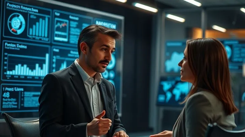 A photorealistic, professional photography image depicting a futuristic consulting office with transparent holographic displays showing data visualizations and project timelines. In the foreground, a consultant is having a deep, empathetic conversation with a client, both making eye contact, with a subtle, warm glow emanating from their interaction, symbolizing the human touch. The background elements are sleek and technologically advanced, but the focus is clearly on the human connection. 8K hyper-detailed, sharp focus on the people, depth of field blurring the futuristic tech. Cinematic lighting. Shot on a high-end DSLR.