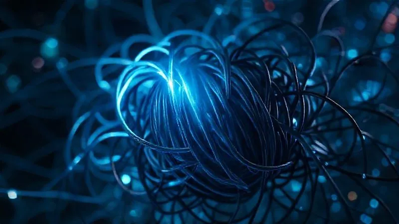 Photorealistic image of a complex, tangled knot of digital wires and data, with a single, glowing, simplified wire emerging from it, representing streamlined processes. Cinematic lighting, sharp focus on the simplified wire, depth of field. 8K hyper-detailed.