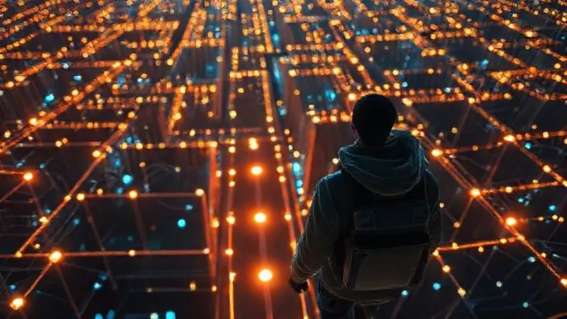 Photorealistic image of a freelancer confidently navigating a complex digital maze, represented by glowing data paths and interconnected nodes, with a clear, illuminated path ahead. Cinematic lighting, sharp focus on the freelancer, depth of field. 8K hyper-detailed.