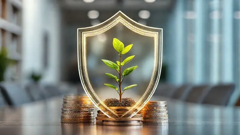 A photorealistic image of a stack of coins and banknotes forming a solid, protective shield around a small, fragile plant in a modern office environment. The shield is glowing softly, symbolizing security and growth. Cinematic lighting, sharp focus on the shield and plant, depth of field blurring the background, 8K hyper-detailed, shot on a high-end DSLR.