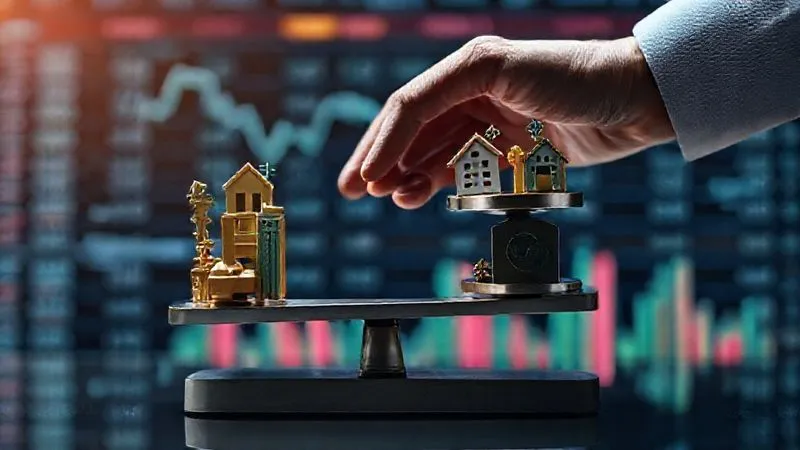 A photorealistic image of a diverse portfolio of investment assets (stocks, bonds, real estate symbols, digital currency icons) being carefully balanced on a set of scales by a professional hand. The background is a sophisticated financial data display, with cinematic lighting, sharp focus on the scales, depth of field blurring the background, 8K hyper-detailed, shot on a high-end DSLR.