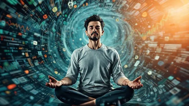 A photorealistic image of a person meditating calmly amidst a swirling vortex of financial data, charts, and money symbols, yet maintaining a serene and focused expression. This symbolizes control and clarity amidst financial complexity. Cinematic lighting, sharp focus on the person, depth of field blurring the background, 8K hyper-detailed, shot on a high-end DSLR.