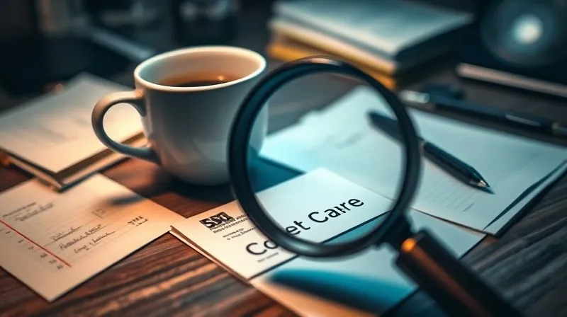 A photorealistic image of a detective's desk, with a magnifying glass over a blurred business card, surrounded by notes and a half-empty coffee cup. The lighting is dramatic, highlighting the card. Sharp focus on the magnifying glass and the intricate details, depth of field blurring the background, 8K hyper-detailed, professional photography, shot on a high-end DSLR.