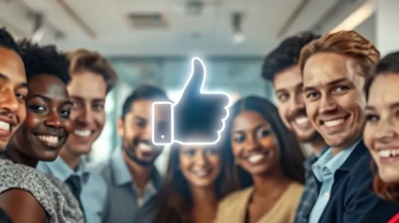 A photorealistic image of a diverse group of smiling people, their faces subtly blurred, looking towards a central, glowing 'thumbs up' icon. The background is a modern, clean office space. Cinematic lighting, sharp focus on the 'thumbs up' and the positive energy of the group, depth of field blurring the background, 8K hyper-detailed, professional photography, shot on a high-end DSLR.