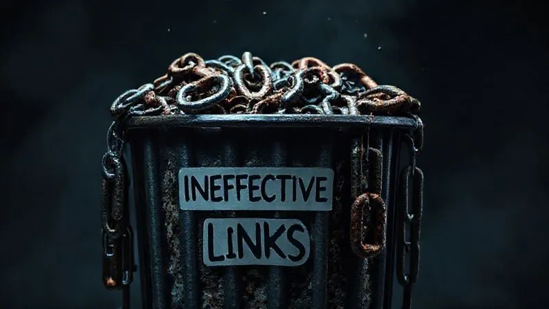 A photorealistic image of a digital waste bin overflowing with broken, rusty, and irrelevant-looking digital links and chains, symbolizing ineffective and toxic backlinks. The bin is labeled "INEFFECTIVE LINKS". The lighting is dim and slightly ominous, suggesting a problem. Shot on a high-end DSLR, 8K, cinematic lighting, sharp focus, depth of field.