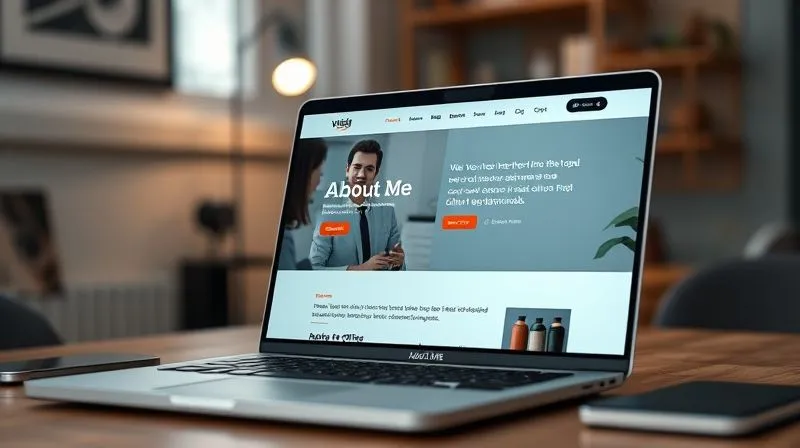 A photorealistic image of a sleek, modern, and professional freelancer's website displayed on a high-end laptop. The website features a clean design, a prominent "About Me" section with a confident headshot, clear service offerings, and glowing client testimonials. Cinematic lighting highlights the screen, with sharp focus on the website content and a shallow depth of field blurring the background of a minimalist home office. 8K hyper-detailed, shot on a high-end DSLR.