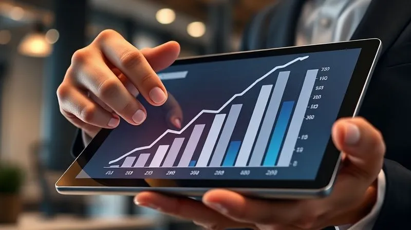 A photorealistic image of a sophisticated financial graph showing significant growth and return on investment (ROI), with a confident hand pointing to the upward trend. The graph is displayed on a tablet, held by a professional in a modern office setting. Cinematic lighting highlights the data, with sharp focus on the graph and a shallow depth of field blurring the background. The image conveys value, financial success, and smart investment, resonating with attracting premium clients. 8K hyper-detailed, shot on a high-end DSLR.