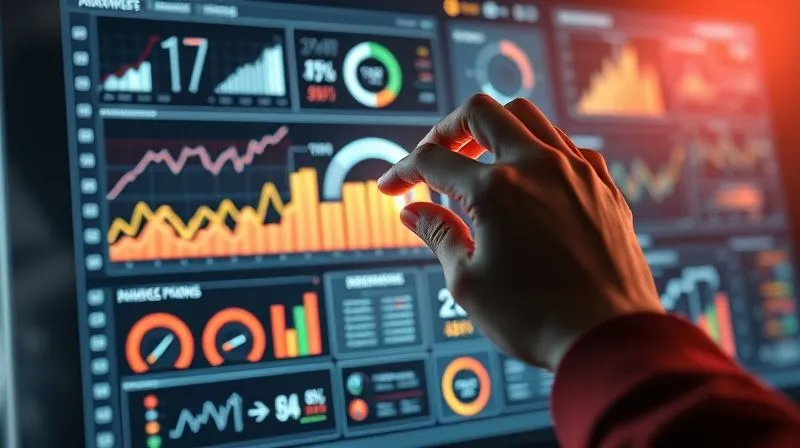 A photorealistic image of a person's hand making adjustments on a complex, glowing digital dashboard displaying various marketing and business metrics (traffic, conversions, engagement, revenue). The interface is clean and futuristic, conveying data analysis and strategic optimization. Cinematic lighting illuminates the screen and the hand, with sharp focus on the data visualization and a shallow depth of field blurring the background of a modern workspace. 8K hyper-detailed, shot on a high-end DSLR.