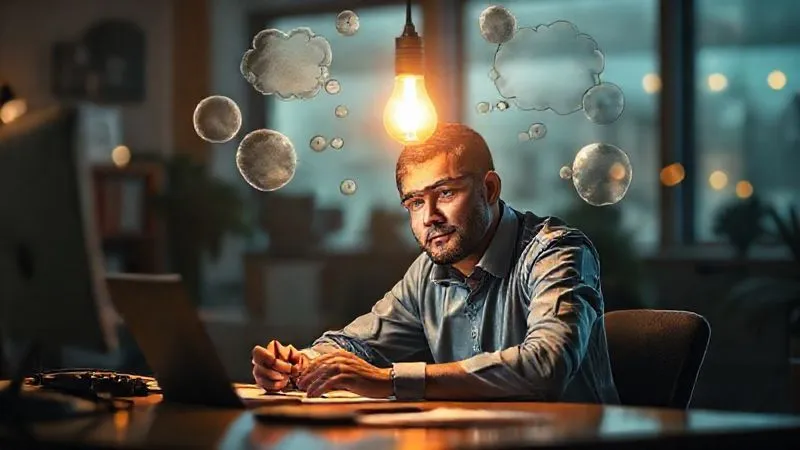 A photorealistic image of a person sitting at a desk, surrounded by thought bubbles and a glowing lightbulb above their head, symbolizing a moment of creative insight and storytelling. Cinematic lighting, sharp focus on the individual's thoughtful expression, depth of field blurring the background. Shot on a high-end DSLR, 8K hyper-detailed.