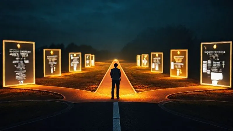 A photorealistic image of a person standing at a crossroads, looking at a series of illuminated paths leading to different professional opportunities, symbolizing growth and adaptation in personal branding. Cinematic lighting, sharp focus on the individual, depth of field blurring the background. Shot on a high-end DSLR, 8K hyper-detailed.