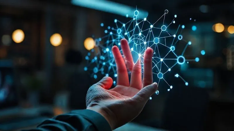 A photorealistic image of a human hand gently touching a holographic interface displaying a complex network of connections and creative ideas, symbolizing the synergy between human creativity and artificial intelligence in personal branding. Cinematic lighting, sharp focus on the hand and hologram, depth of field blurring a futuristic workspace. Shot on a high-end DSLR, 8K hyper-detailed.