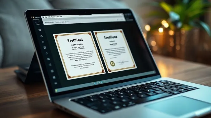 A photorealistic close-up of a freelancer's digital portfolio on a sleek laptop screen, displaying certificates integrated with project outcomes and client testimonials. Cinematic lighting, sharp focus on the screen, depth of field. 8K, professional photography, shot on a high-end DSLR.