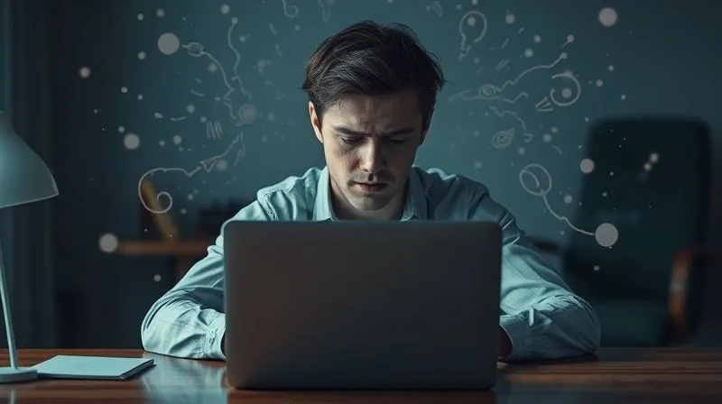 A photorealistic image of a person sitting at a desk, looking overwhelmed and surrounded by swirling thoughts represented as faint, chaotic visual elements. Their face shows mild anxiety, with hands resting on an unopened laptop. The background is slightly out of focus, suggesting internal struggle. Cinematic lighting, 8K, professional photography, sharp focus, depth of field, shot on a high-end DSLR.