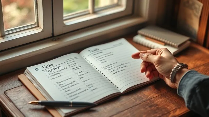 A photorealistic image of a vintage-style desk with an open, neatly organized planner displaying handwritten tasks categorized by importance and urgency. A pen rests beside it, with a focused, yet calm, hand pointing to a completed task. Soft, natural light streams in through a window, creating a serene and productive atmosphere. 8K, cinematic lighting, professional photography, sharp focus, depth of field, shot on a high-end DSLR.
