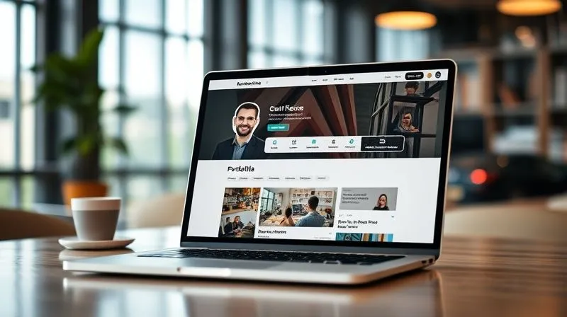 A photorealistic, professional photography shot of a laptop screen displaying a meticulously crafted freelance profile. The profile features a confident, smiling professional headshot, a compelling headline, and a curated portfolio showcasing high-impact projects. Cinematic lighting illuminates the screen, with sharp focus on the profile details, depth of field blurring the background of a modern office, 8K hyper-detailed, shot on a high-end DSLR.