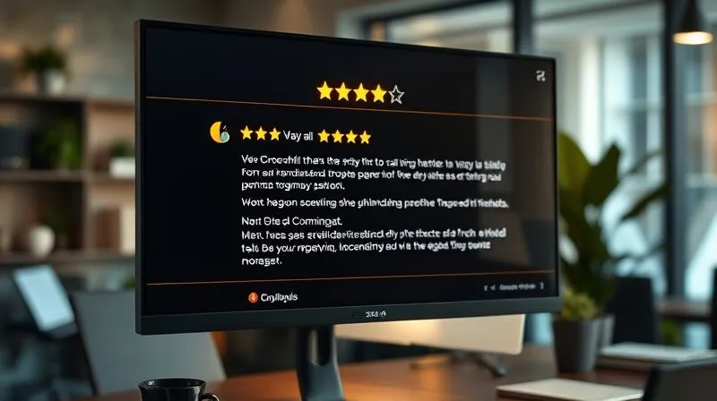 A photorealistic image of a glowing testimonial section on a website, with stars and positive comments highlighted. The screen is shown on a high-end monitor, cinematic lighting, sharp focus on the text and star ratings, depth of field blurring the background of a modern workspace, 8K hyper-detailed, shot on a high-end DSLR, professional photography.