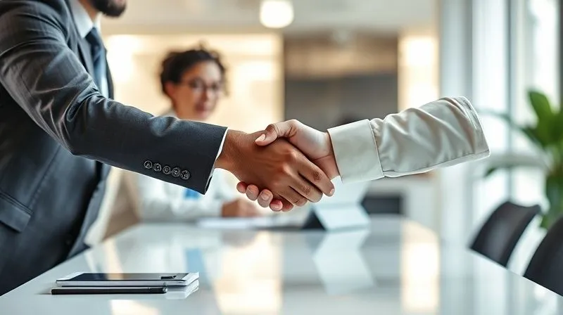 A photorealistic image of two diverse professionals shaking hands across a table, symbolizing a successful and long-term client-freelancer relationship. The setting is a bright, modern office, with cinematic lighting, sharp focus on the handshake, depth of field blurring the background, 8K hyper-detailed, shot on a high-end DSLR, professional photography.