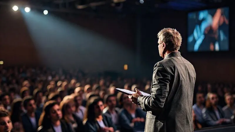 A photorealistic image of a digital consultant on a stage, giving an engaging presentation to a packed audience, with a spotlight on them, exuding confidence and expertise. The audience is captivated, taking notes. Cinematic lighting, sharp focus on the speaker, depth of field blurring the background, 8K hyper-detailed, professional photography, shot on a high-end DSLR.