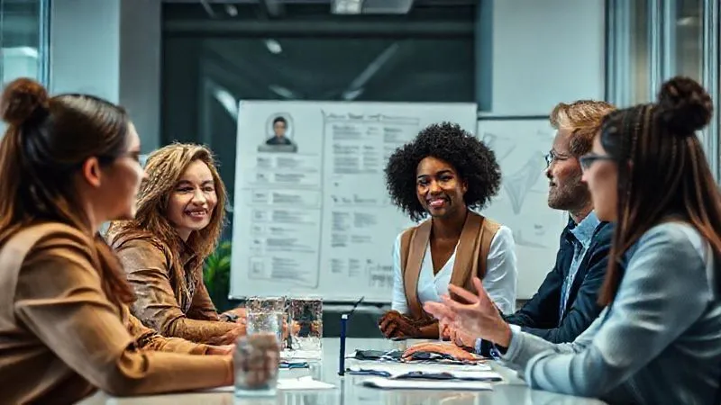 A photorealistic image of a diverse group of professionals in a modern office collaborating, with a whiteboard in the background showing a detailed customer persona profile, cinematic lighting, 8K hyper-detailed, sharp focus, depth of field, shot on a high-end DSLR.