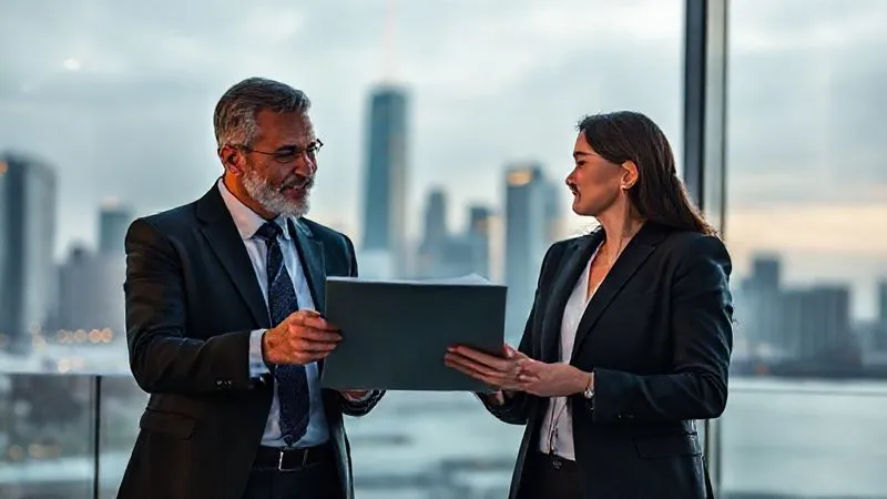 A photorealistic image of two business professionals engaged in a confident negotiation, one presenting a well-designed proposal on a tablet, with a subtle backdrop of a city skyline, cinematic lighting, 8K hyper-detailed, sharp focus, depth of field, shot on a high-end DSLR.