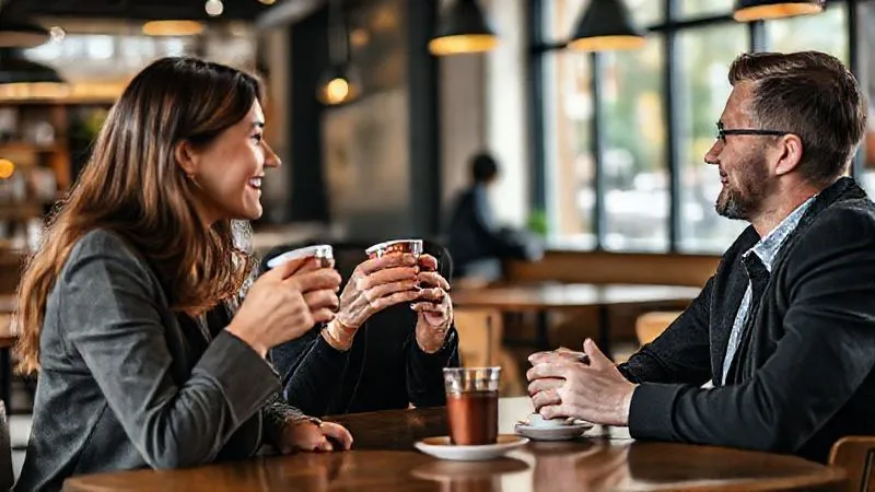 A photorealistic image of a professional woman (designer) having a friendly coffee meeting with a satisfied client, showing genuine connection and trust, in a bright, modern cafe, cinematic lighting, 8K hyper-detailed, sharp focus, depth of field, shot on a high-end DSLR.
