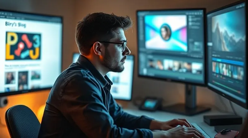 A photorealistic image of a person at a desk, surrounded by bright, glowing digital screens displaying various forms of content creation: a blog post, a social media graphic, a video editing timeline. Cinematic lighting, sharp focus on the person's engaged face, depth of field blurring the background, 8K hyper-detailed, shot on a high-end DSLR.