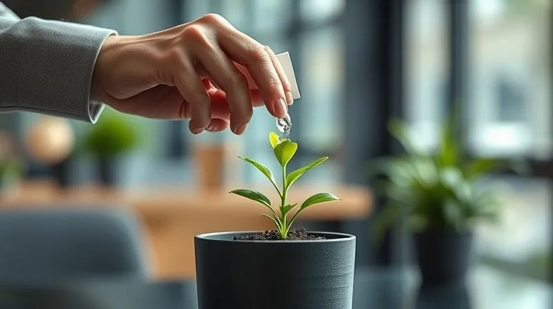 A photorealistic image of a person delicately watering a small, vibrant plant in a pot, symbolizing the nurturing of a professional relationship. The background shows a subtle, blurred office environment. Cinematic lighting, sharp focus on the hands and plant, depth of field, 8K hyper-detailed, shot on a high-end DSLR.
