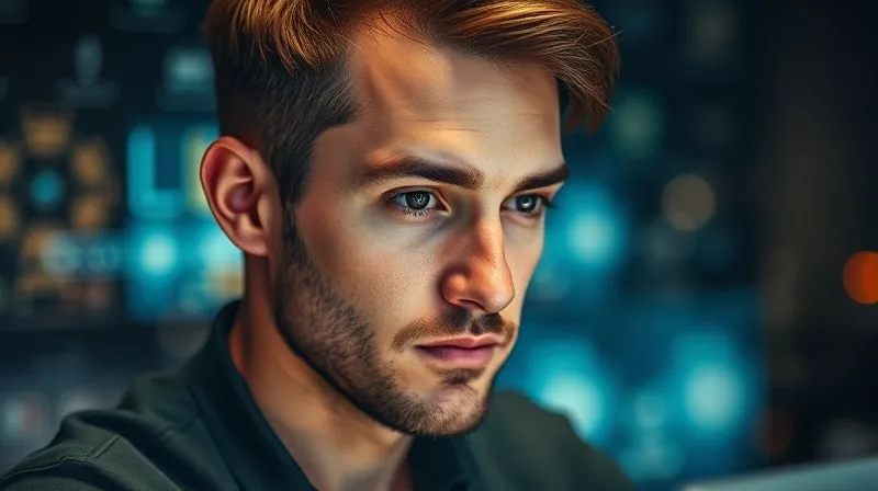 A photorealistic image of a focused graphic designer, surrounded by a subtle glow of specialization, with various industry icons (tech, luxury, health) fading in the background, symbolizing finding a niche. Cinematic lighting, sharp focus on the designer's thoughtful expression, depth of field. 8K hyper-detailed, professional photography, shot on a high-end DSLR.