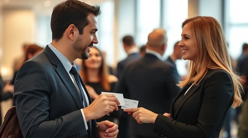 A photorealistic image of a professional networking event, with blurred figures in business attire, and a sharp focus on two individuals in the foreground exchanging business cards with genuine smiles. Soft, warm cinematic lighting, depth of field. 8K hyper-detailed, professional photography, shot on a high-end DSLR.