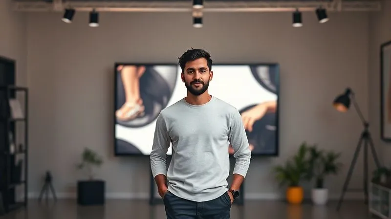 A photorealistic image of a professional designer (male or female, diverse) standing confidently in a modern, minimalist studio, with a subtle, glowing aura representing their personal brand. Their work is elegantly displayed on a large screen in the background. Cinematic lighting, sharp focus on the designer, depth of field. 8K hyper-detailed, professional photography, shot on a high-end DSLR.