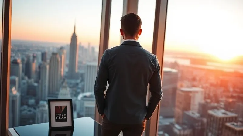 A photorealistic image of a successful, confident graphic designer standing at a high-rise office window, looking out over a vibrant city skyline at sunset, symbolizing achievement and a thriving business. A sleek, modern design award or a framed high-value project is subtly visible on their desk. Cinematic lighting, sharp focus on the designer, depth of field. 8K hyper-detailed, professional photography, shot on a high-end DSLR.