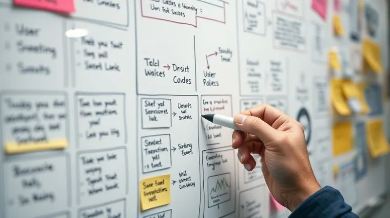 A photorealistic close-up of a whiteboard covered with sticky notes, diagrams, and user personas, with a hand holding a marker, cinematic lighting, sharp focus on the details, depth of field, 8K hyper-detailed, shot on a high-end DSLR.