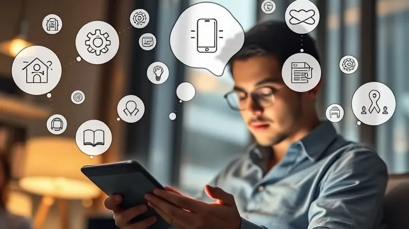 A photorealistic image of a person engrossed in reading a tablet, surrounded by floating thought bubbles with icons representing ideas, solutions, and success. Soft, warm lighting, sharp focus on the person and tablet, depth of field, 8K hyper-detailed, shot on a high-end DSLR.