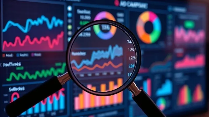 A photorealistic image of a digital marketing dashboard displaying various metrics, charts, and graphs related to ad campaigns, with a magnifying glass hovering over a specific data point. The screen is vibrant with data visualizations. Cinematic lighting, sharp focus, depth of field, 8K hyper-detailed, shot on a high-end DSLR.