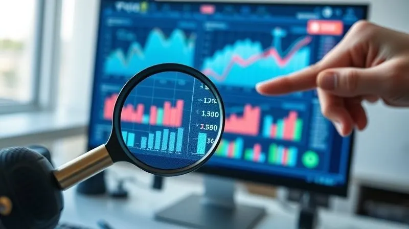 A photorealistic image of a magnifying glass over a complex data visualization on a computer screen, surrounded by charts and graphs, with a hand pointing to a key trend. The setting is a modern, clean office. Cinematic lighting, sharp focus, depth of field, 8K hyper-detailed, shot on a high-end DSLR.