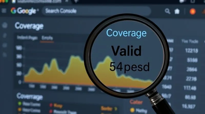 A photorealistic screenshot of a Google Search Console 'Coverage' report showing a healthy trend of indexed pages with minimal errors, overlaid with a magnifying glass highlighting the 'Valid' pages count. Cinematic lighting, sharp focus, 8K, professional photography.