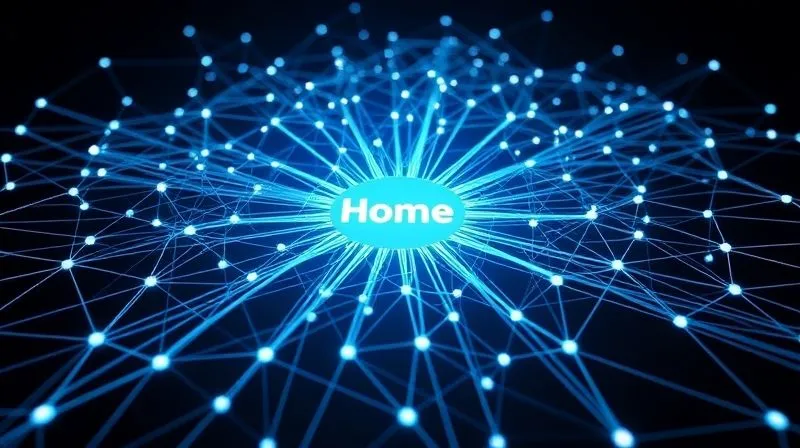 A photorealistic 3D rendering of a website's internal linking structure, visualized as a complex but well-organized web of interconnected nodes, with stronger, thicker lines representing more important links. The central node (homepage) is brightly lit, and authority flows outwards. Cinematic lighting, 8K, sharp focus, professional photography.